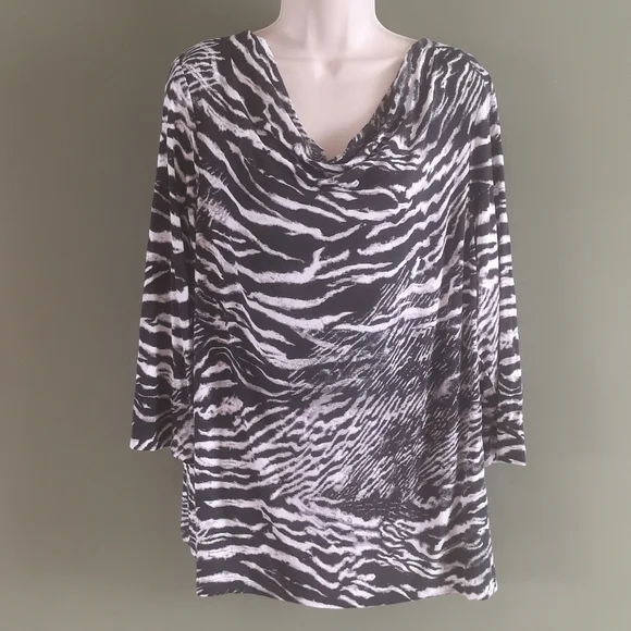 Chico's Zebra Print Cowl Neck 3/4 Sleeve Fashion Top Sz 3 Fits Like L or XL - Picture 1 of 12